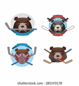 Hockey logo bear set. Muzzle animals with sticks for ice hockey team. Fierce and angry animals. Vector illustration logo
