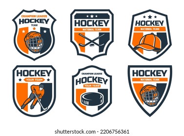 Hockey-Logopakete, Emblem-Sammlungen, Designvorlagen. Set von Hockey-Logos