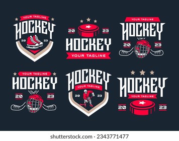 Conjuntos de logotipos de hockey, colecciones de emblemas, diseños de plantillas. Conjunto de logotipos de hockey vectores