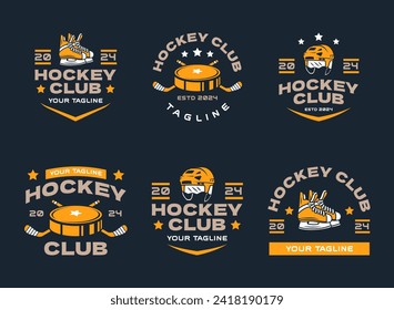 Conjuntos de logotipos de hockey, colecciones de emblemas, diseños de plantillas. Conjunto de logos de hockey