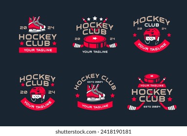 Conjuntos de logotipos de hockey, colecciones de emblemas, diseños de plantillas. Conjunto de logos de hockey