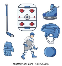 Hockey logo design elements - court, hockey player, stick, glove, helmet, ice skating. Icon flat style vector illustration on white background.