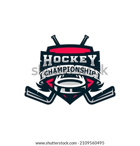 hockey logo design with shield and stick