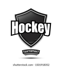 Hockey logo design template. Hockey emblem pattern. Hockey puck and shield with vintage lettering on an isolated background. Print on t-shirt graphics. Vector illustration