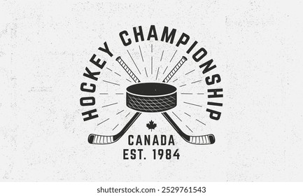 Hockey logo, emblem. Vintage emblem with crossed hockey cues, puck. Logo template for team, club, league, tournament. Vector illustration