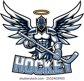 Logotipo de hockey con un ángel blindado, sosteniendo un palo de hockey con confianza. La armadura detallada y las alas Grandes simbolizan fuerza, resistencia y gracia