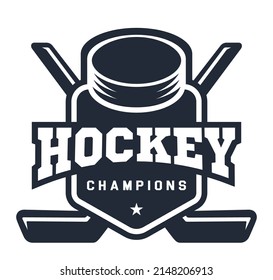 Hockey logo in flat style. Crossed hockey-sticks and puck. Sports equipment. Sport games. Emblem, badge. Vector illustration, isolated on white background.