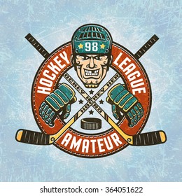 Hockey logo - a head of the player wearing a helmet, crossed sticks, gloves, puck and circular banner. Texture on separate layers and easily disabled.Text can be removed.