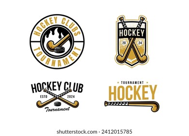 hockey logo label and emblem set collections with puck and hockey stick vector for hockey team
