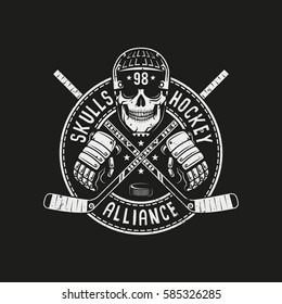 Hockey logo, mascot with  skull in a helmet, circular banner and crossed sticks on a black background. For team or league.  Vector illustration.