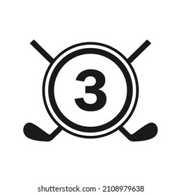 Hockey Logo On Letter 3 Vector Template. American Ice Hockey Tournament Sport Team Badge Logo