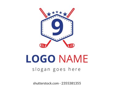 Hockey Logo On Letter 9 Vector Template. Ice Hockey Badge Logo Template