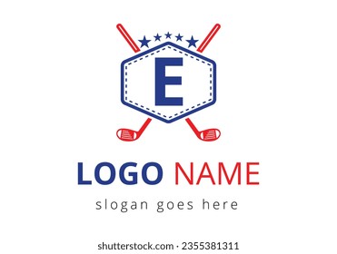 Hockey Logo On Letter E Vector Template. Ice Hockey Badge Logo Template