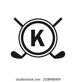Hockey Logo On Letter K Vector Template. American Ice Hockey Tournament Sport Team Badge Logo
