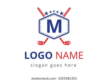 Hockey Logo On Letter M Vector Template. Ice Hockey Badge Logo Template