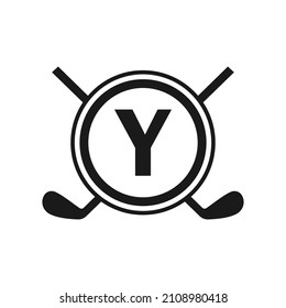 Hockey Logo On Letter Y Vector Template. American Ice Hockey Tournament Sport Team Badge Logo