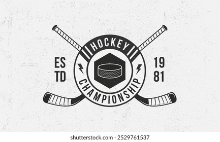 Hockey logo, poster template. Vintage emblem with crossed hockey cues, puck and crown icon. Logo template for team, club, league, tournament. Vector illustration