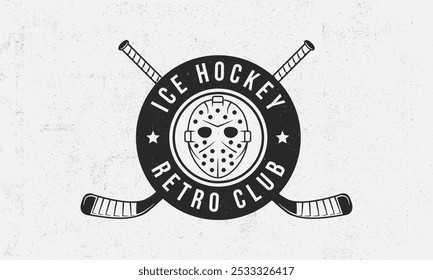 Logotipo del hockey, Plantilla del cartel. Emblema de Antiguas con señales de hockey cruzadas, ícono de máscara retro. Plantilla de logotipo para el equipo, club. Ilustración vectorial