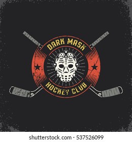 Hockey logo with retro goalie mask and crossed sticks. Layered vector illustration - grunge texture, text, background separately and can be easily disabled.