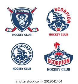 Logo de hockey. Escudo, palos, calcetines y texto Escorpión, club de hockey. Colores rojo y azul, fondo blanco. Estilo plano. Icono, signo, símbolo para un equipo deportivo, escuela, competencia. Ilustración del vector