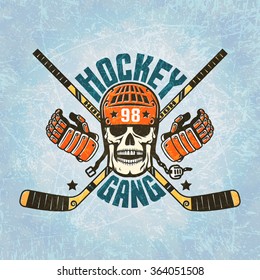 Hockey logo - a skull in a helmet, gloves, sticks crossed. Texture of ice on separate layers and easily disabled.Text grouped separately and can be removed.