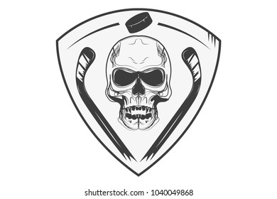 Hockey logo, skull with hockey sticks on the shield. Icon, logo.