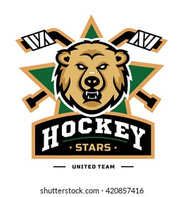 Hockey logo template with angry bear head. Hockey vector logotype template. Sport badge for your hockey club team. Hockey emblem for your team identity isolated on white background. Hockey stick.