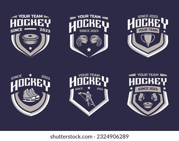 Conjunto vectorial de logotipo de hockey, colección de conjuntos de emblemas. Paquete de plantillas de distintivos de logotipo de hockey