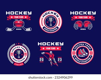 Conjunto vectorial de logotipo de hockey, colección de conjuntos de emblemas. Paquete de plantillas de distintivos de logotipo de hockey