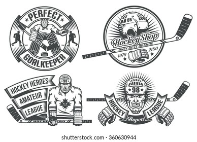 Hockey logos with the goalkeeper and players in vintage style. The text is grouped separately and can be replaced.