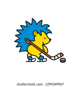 Hockey mascot in the form of a blue and yellow cheerful hedgehog playing ice hockey