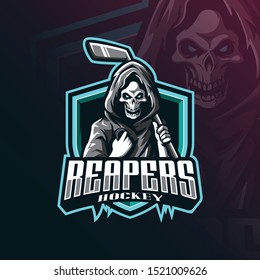 hockey mascot logo design vector with modern illustration concept style for badge, emblem and tshirt printing. reaper hockey illustration for sport team.