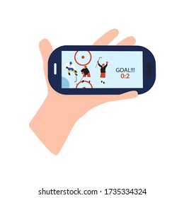 Hockey match of the national team GOAL on your smartphone! Cartoon illustration on a sports theme.