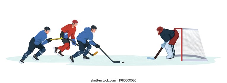 Hockey match scene. player attacks the opponent's goal. The goalie watches the puck. Athlets wear sports protective gear with sticks and skate across ice and chase an attacking player during a match.