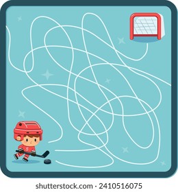 Hockey  Maze Game for kids . Help the hockey cartoon boy find the right way to the goal. 