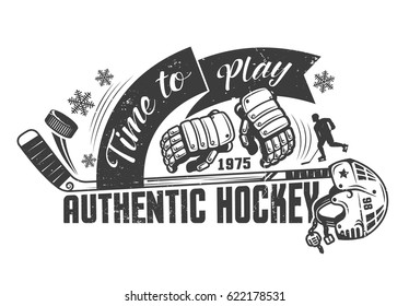 Hockey monochrome concept template with equipment and inscriptions, for poster, print or tattoo. Grunge texture on a separate layer.