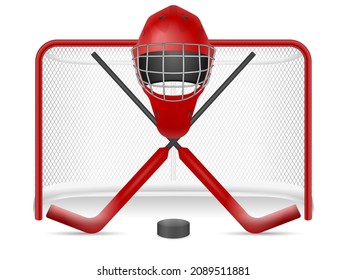 Hockey net, helmet, sticks and puck on a white background. Vector illustration.