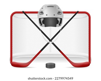 Hockeynetz, Helm, Stöcke und Puck auf weißem Hintergrund. Vektorgrafik.