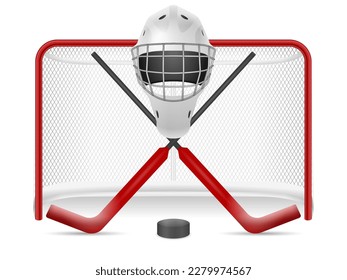 Hockey net, helmet, sticks and puck on a white background. Vector illustration.