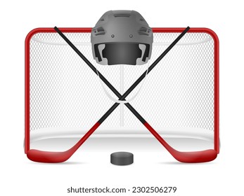 Hockey net, helmet, sticks and puck on a white background. Vector illustration.