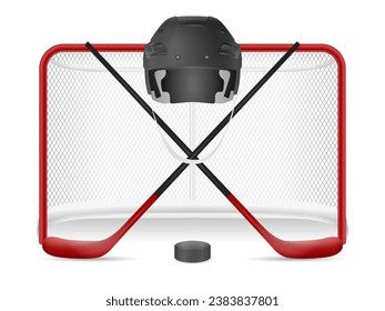 Hockey net, helmet, sticks and puck on a white background. Vector illustration.