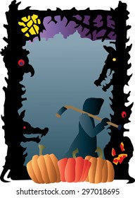 Hockey night on Halloween, a hockey player looking like death with a stick as a scythe walks behind a group of pumpkins and between scary silhouette borders around a nighttime background.