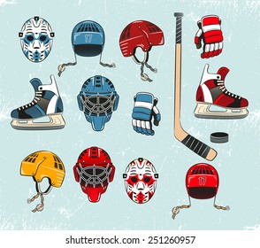 Hockey objects painted in a realistic style cartoon and brightly colored. Equipment on the ice.Texture grouped separately and can be easily removed.