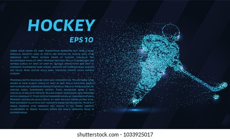 Hockey from the particles. The hockey player consists of dots and circles. Blue hockey on a dark background