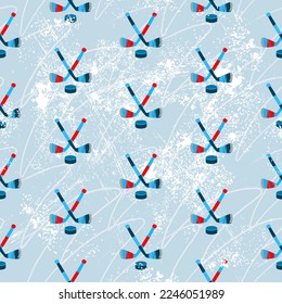 Hockey pattern with crossed sticks and pucks. Light blue area for ice skating. Seamless background.