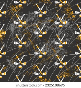 Hockey pattern with crossed sticks and pucks. Area for ice skating. Seamless background. Yellow and gray colors.