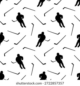 Padrão de hóquei com jovens jogadores. Movimento de ataque dinâmico de um jogador com um bastão. Ilustração de esportes contínua. Adequado para impressão em papel, tecido, embalagem e papel de parede. EPS10