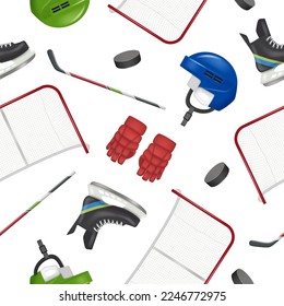 Hockey pattern. Gloves helmet stick and hockey pucks decent vector seamless background