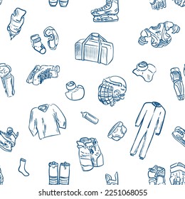 Hockey pattern. Helmet, sports bag, gloves, shin pads, elbow pads, skates, shoulder pads, shorts, jock, neck guard. Line art on a white background. Ice hockey equipment. Vector endless illustration. 