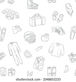 Hockey Pattern. Ice Hockey Equipment. Helmet, Sports Bag, Gloves, Shin Pads, Elbow Pads, Skates, Shoulder Pads, Shorts, Jock, Neck Guard. Line Art On A White Background. Vector Endless Illustration. 